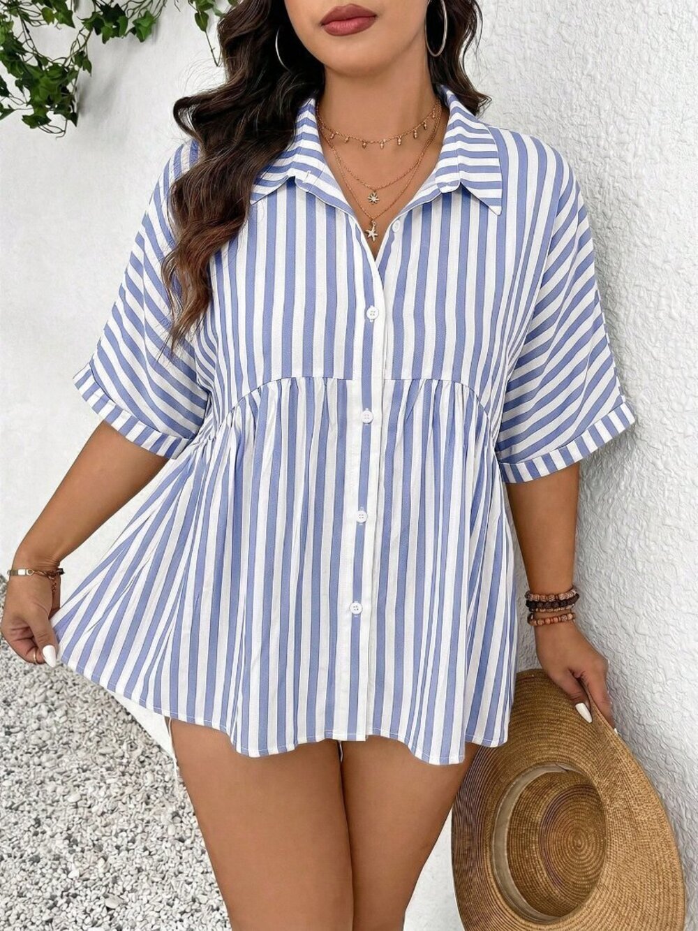 Blue Casual womens Striped Print Button Down Short Sleeve Top